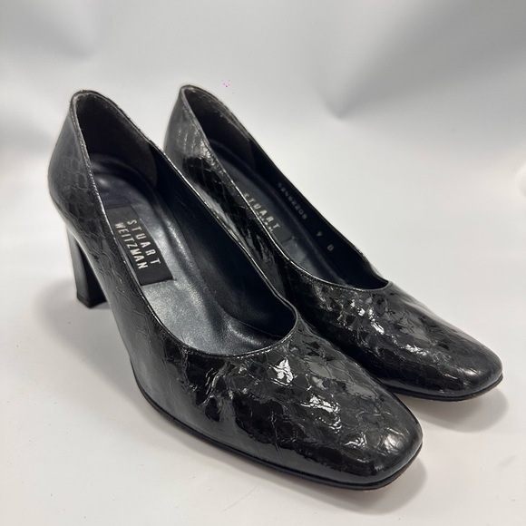 Stuart Weitzman black square toe croc embossed chunky heel pumps size 9 - Picture 1 of 10